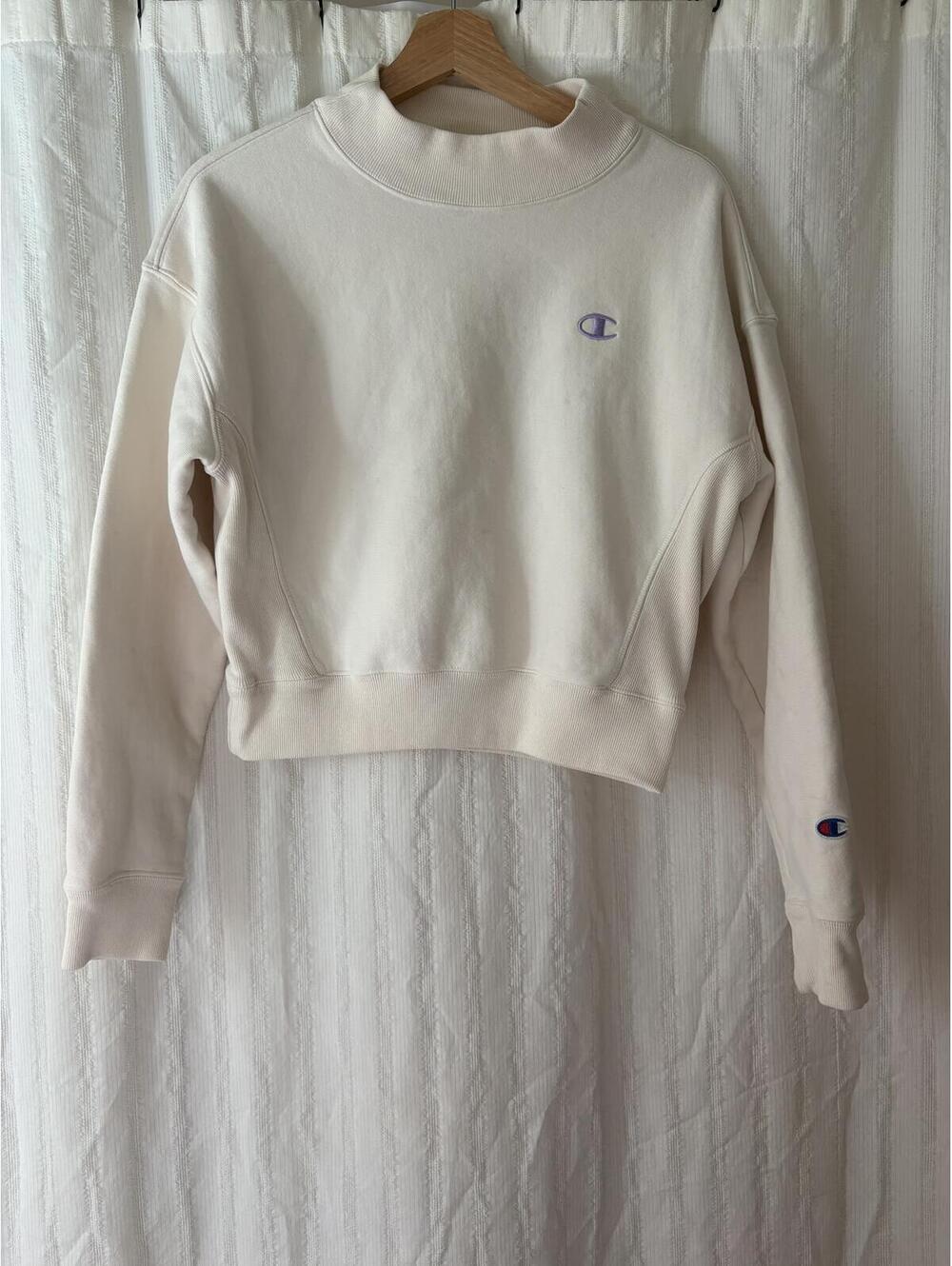 Champion Reverse Weave Cream Cropped Sweatshirt with Purple Logo